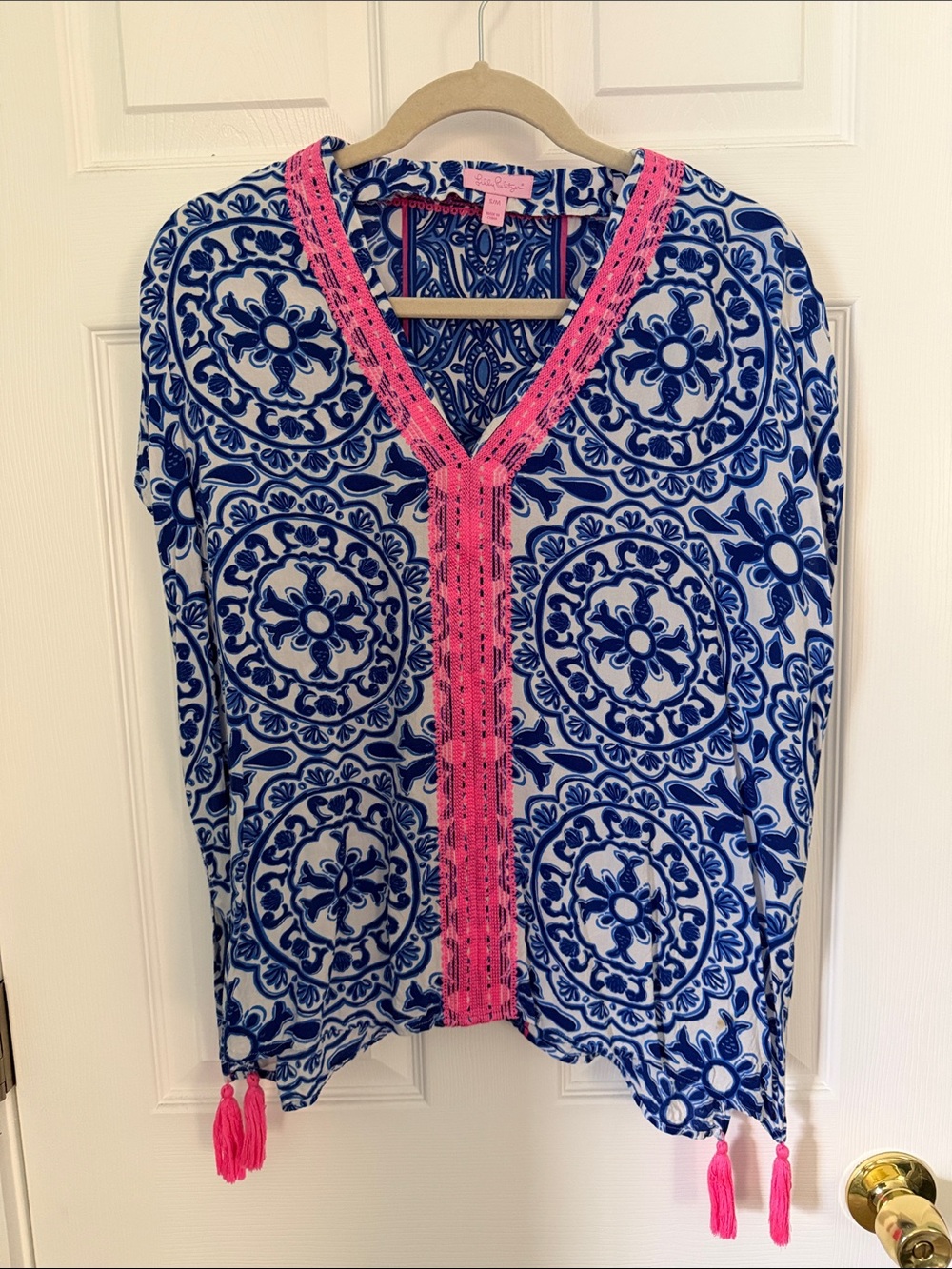 Lilly Pulitzer Blue Medallion Print Tunic with Hot Pink Trim